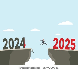 Young man jump between 2024 and 2025 years. Flat vector illustration isolated on white background