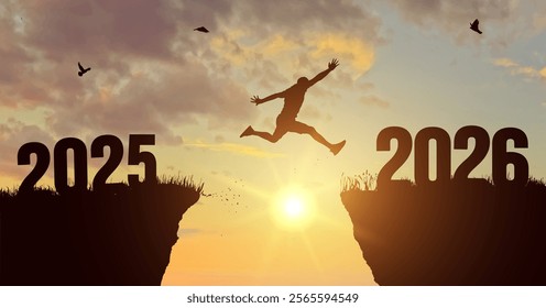 A young man jump between 2025 and 2026 years. Concept vector illustration over the sun and through on the gap of hill silhouette evening colorful sky. Vector illustration. Welcome Happy new year 2026.