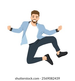 Young man jump high doing winner gesture celebrate clenching fists. Flat vector illustration isolated on white background