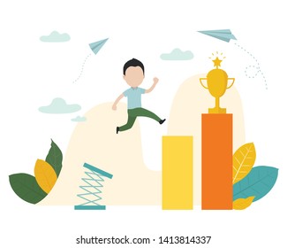 Young man jump over between growth graph to the trophy. Concept of success, victory and growth in business