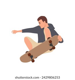 Young man jump skateboard wearing hoodie. Flat vector illustration isolated on white background