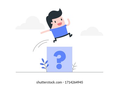 Young man jump through the problem. Solving problems concept illustration.