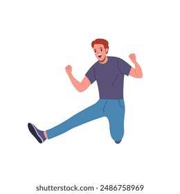 Young man jumped up isolated. Flat style cartoon vector illustration. 
