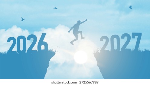 Jovem pulando de 2026 a 2027 sobre uma lacuna entre as silhuetas das montanhas ao pôr do sol. Conceito de transição e novos começos. Ilustração colorida do vetor do céu. Boas-vindas Feliz Ano Novo 2027 conceito.
