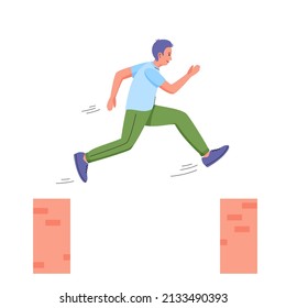 Young man jumping between walls. Free running, parkour, extreme sport. Male street racer. Vector