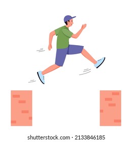 Young man jumping between walls. Free running, parkour, extreme sport. Male street racer. Vector