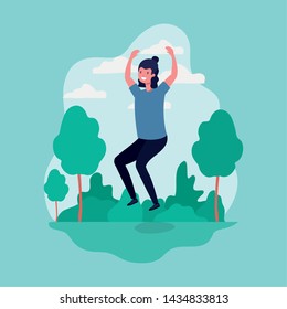 young man jumping celebrating in the park character