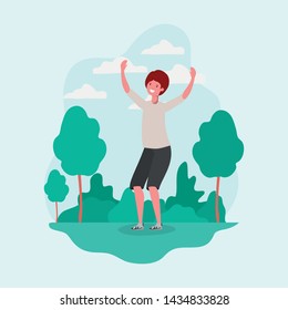 young man jumping celebrating in the park character
