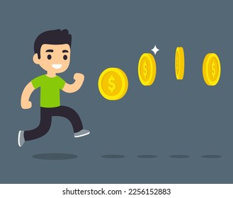 Joven saltando por monedas en video juego. Ilustración vectorial de dibujos animados.