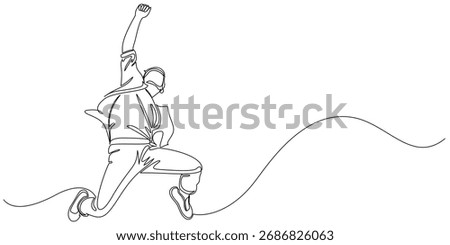Young man jumping in continuous line art drawing style, Continuous one line drawing. Happy jumping man. Vector illustration.
