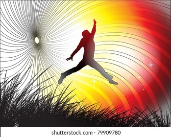A young man is jumping in field, vector illustration.