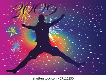 young man jumping front fireworks background