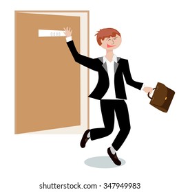 Young man jumping happily leaving the office after the interview to work and waving portfolio