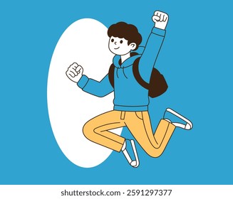 A young man jumping with her hands high. minimal line art vector illustration.