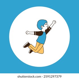 A young man jumping with her hands high. minimal line art vector illustration.