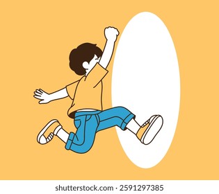 A young man jumping with her hands high. minimal line art vector illustration.