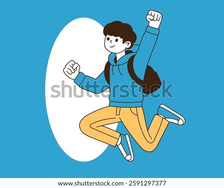 A young man jumping with her hands high. minimal line art vector illustration.