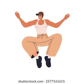 Young man jumping up high. Happy energetic male dancer leaping into air. Excited joyful character in funny active pose, positive energy, emotion. Flat vector illustration isolated on white background