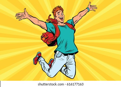 Young man jumping for joy. Pop art retro comic book vector illustration