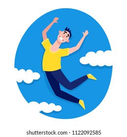 Young man jumping on blue background with clouds in paper style. Stylish modern vector illustration with happy male teenager and victory win concept