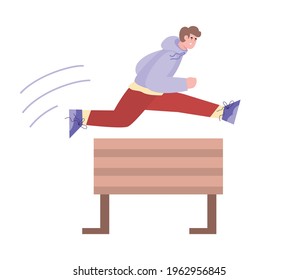 Young man jumping over obstacle or barrier, cartoon vector illustration isolated on white background. Overcoming obstacles and difficulties concept, striving for a goal.