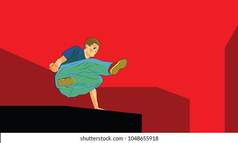 Young man jumping over the wall. Parkour in the urban space. Sports in the city. Sport activity. Vector in the style of pop art.