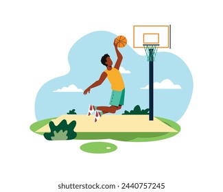 Young man jumping playing basketball in the park. Active lifestyle design for sport concept and illustration.