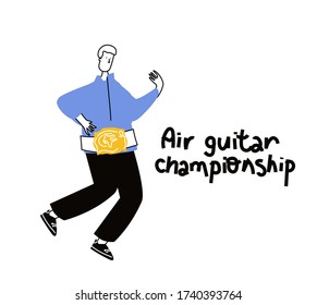 Young man jumping and playing on air invisible guitar isolated on a white background. 