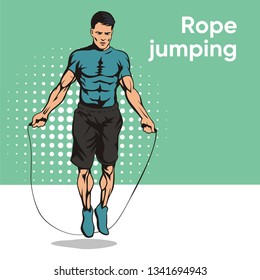 Young man jumping rope, vector retro pop art image