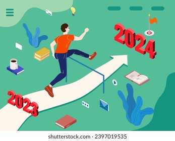 Joven saltando y corriendo a Feliz Año Nuevo 2024