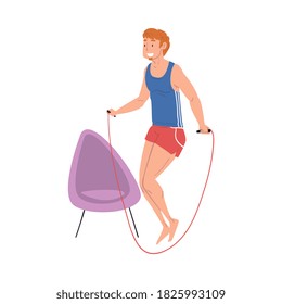 Young Man Jumping with Skipping Rope Home, Physical Activity and Healthy Lifestyle Concept, Stay Home, Keep Fit and Positive Cartoon Style Vector Illustration