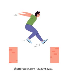 Young man jumping from wall to wall. Free running, parkour, extreme street sport. Male street racer. Vector Illustration.