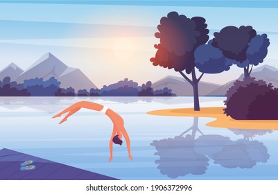 Young man jumping from wooden pier into water vector illustration. Cartoon active boy swimmer character jumps into blue lake water to swim, enjoy nature scenery, summer outdoor activity background