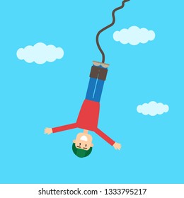 A young man jumps down with a rope. Vector illustration.