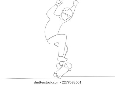 A young man jumps on the end of a skateboard. Skateboarding one-line drawing