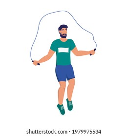 A young man jumps on a rope. Sports at home, street workout, healthy lifestyle. Flat cartoon vector illustration.