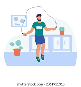 A young man jumps on a rope. Sports at home, street workout, healthy lifestyle. Flat cartoon vector illustration.