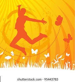young man jumps on a summer background