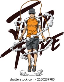 Young man jumps skipping rope illustration .