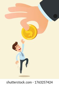 A young man jumps and tries to grab a coin that is held by big hand. Bank loan for business, salary and investment. Mock man. Vector illustration, flat design cartoon style, isolated background.