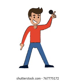 Young man karaoke celebrating cartoon