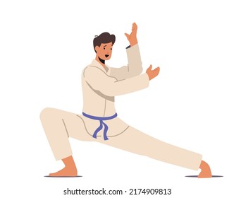 Young Man Karateka Wearing Kimono Uniform and Blue Belt Presenting Karate Fight. Sportsman Character Fighting and Practicing Combat, Martial Arts, Sports Competition. Cartoon Vector Illustration