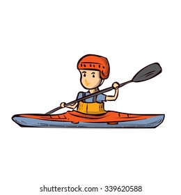 A young man in a kayak. Hand drawn cartoon vector illustration.