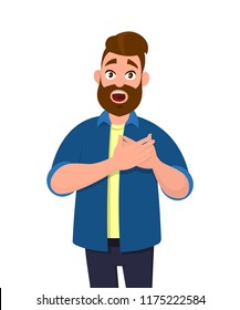 Young  man keeping hands on chest. Man suffering from chest pain or heart attack. Health care concept. Emotion and body language concept in cartoon style vector illustration.