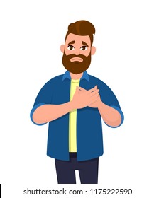 Young  man keeping hands on chest. Man suffering from chest pain or heart attack. Health care concept. Emotion and body language concept in cartoon style vector illustration.