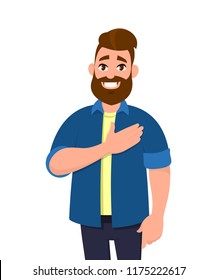 Young  man keeping hands on chest. Smiling friendly bearded man expressing gratitude. Emotion and body language concept in cartoon style vector illustration.