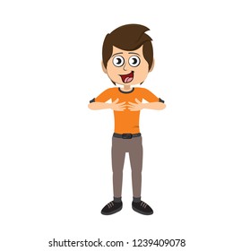 Young man keeping hands on chest. Smiling friendly expressing gratitude. Emotion and body language concept in cartoon style vector illustration