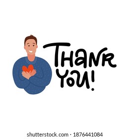 Young man keeping hands on chest and holding heart. Smiling friendly man expressing gratitude. Emotion and body language concept . Flat cartoon style vector illustration