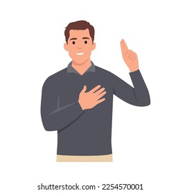 Young man keeping hands on chest. Smiling friendly man expressing gratitude with peace sign. Flat vector illustration isolated on white background