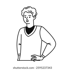 The young man keeps his hands on his waist. The male character is a doodle. Vector black and white illustration in a flat linear style